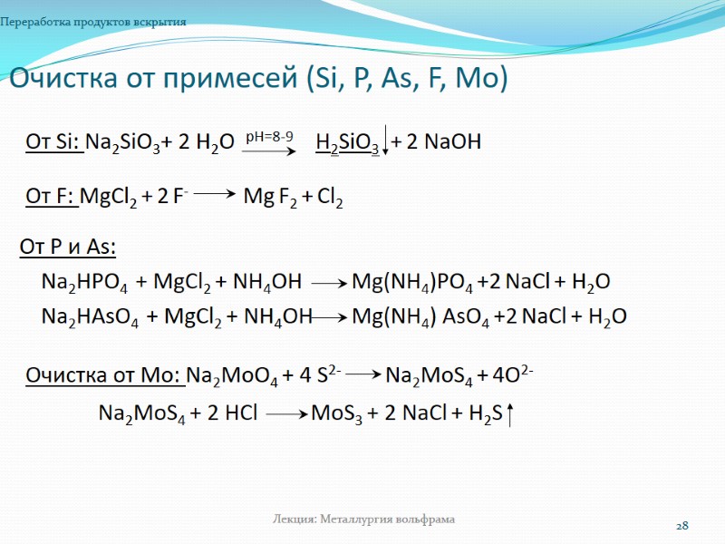 Очистка от примесей (Si, P, As, F, Mo) Переработка продуктов вскрытия 28 Лекция: Металлургия Очистка от примесей (Si, P, As, F, Mo) Переработка продуктов вскрытия 28 Лекция: Металлургия